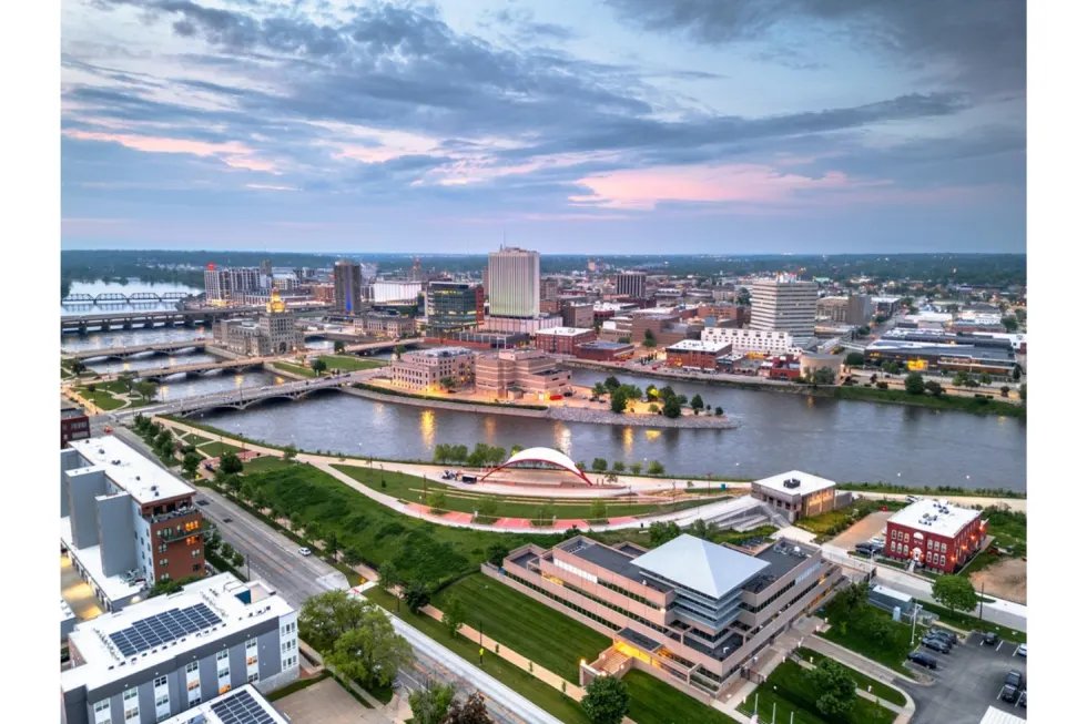 Aerial view of Iowa City, Iowa at sunset — Cedar Automotive serves Iowa City
